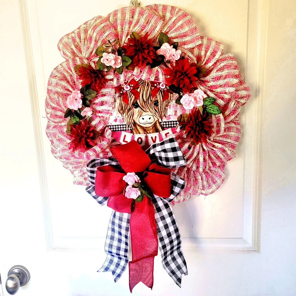 Love Highland Cow Wreath Deco Mesh Bow Flowers Anniversary Burthday Gift